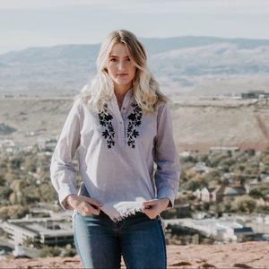 Blue Striped Button Up Top with Embroidery Detail